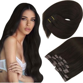 Sunny Hair Clip in Hair Extensions Human Hair Invisible Clip in Hair Extensions Real Human Hair Straight Hair Extensions for Women 16inch Darkest Brown