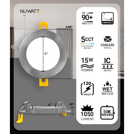 NUWATT 6 Pack 6 Inch Ultra-Thin Nickel LED Recessed Lighting, 5CCT 2700K/3000K/3500K/4000K/5000K Selectable, High Brightness 1050 Lumens, Dimmable Canless Slim Wafer Light, IC Rated, Metal J-Box, ETL
