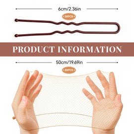 YISCOKO Hair Nets for Buns,20 PCS Bun Nets With 20 Pcs U-Shaped Pins for Women 50cm/20inch Invisible Bun Net for Girls,Ballet Dancers,Chefs, Nurses,Flight Attendants(Brown)