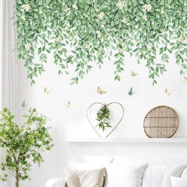 Green Leaf Wall Decals Hanging Vine Wall Sticker Plant Flower Wall Decal Butterfly DIY Removable Wall Stickers Peel and Stick Art Murals for Bedroom Living Room Kids Nursery
