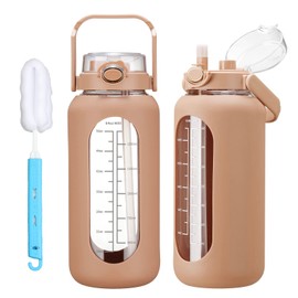 chunmo 42oz/52oz/64oz Glass Water Bolttles with Straw Half Gallon Large Motivational Water Bottle with Time Marker Sports Water Bottles with Silicone Sleeve and Handle Lid Water Jug for Gym Workout