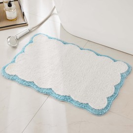 Non-Slip Bath Mat, Scalloped Bathroom Floor Mat Super Soft and Water Absorbent, Machine Washable Microfiber Rug for Bath, Shower, Bedroom, Kitchen, Doorway (Blue, 50 x 80 cm)