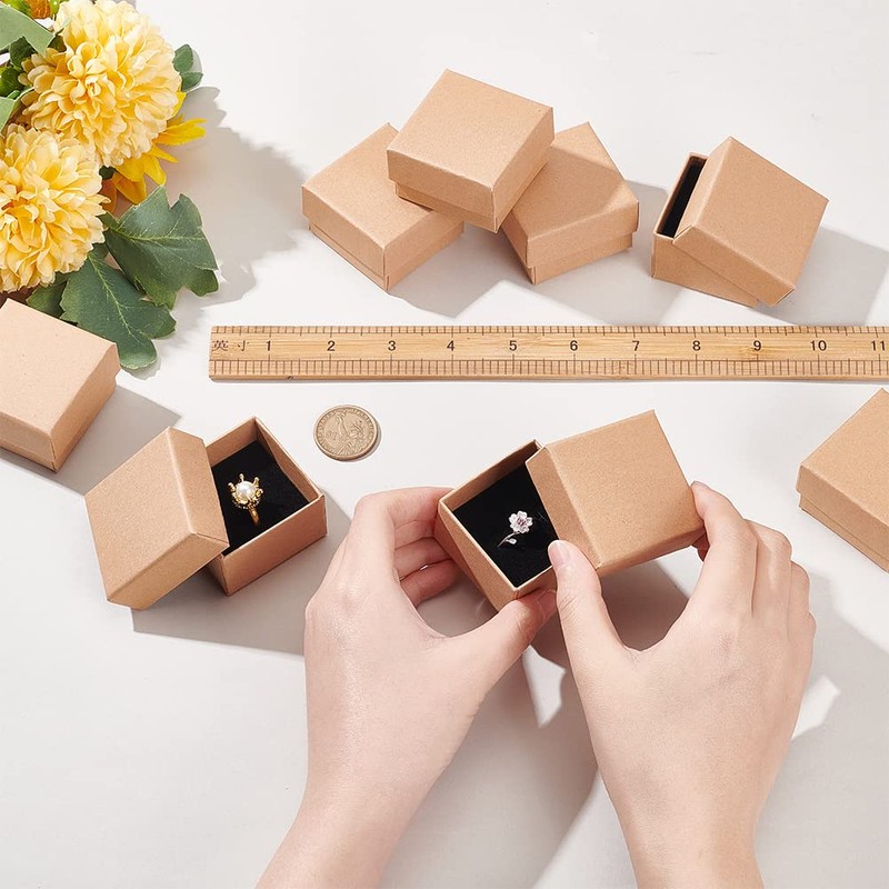 BENECREAT 24 Pack Ring Box 5x5x3cm Kraft Brown Square Cardboard