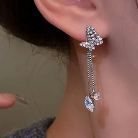 Atentuyi Wedding Bridal Rhinestone Earrings Silver Pearl Cz Butterfly Earrings Cz Drop Earrings Long Tassel Dangle Chain Earrings Crystal Butterfly Stud Earrings Jewelry for Women and Girls