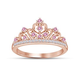 Round Cut Simulated Multi Stone Aurora Princess Style Engagement Wedding Crown Ring in 14k Rose Gold Over Sterling Silver with Ring Size 9