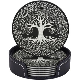 BOXIMIAO Drink Coasters with Holder Stand Set of 6, Tree of Life Stamp Pu Leather Absorbent Coasters with Cork Base Table Coaster Round for Housewarming Apartment Kitchen Bar Decor