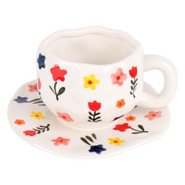 DODAMOUR Ceramic Coffee Cup and Saucer Set, Handmade Pottery Tea Cup with White Cloud Pattern, Small Giftable Underglaze Tableware for Espresso, Latte, Milk, or Tea (White)