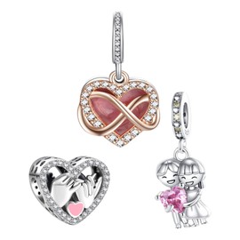 Amuefer Love & Infinity & Couple Heart Charms for Bracelets 925 Sterling Silver with Cubic Zirconia Pendant for Necklaces Birthday Christmas Jewelry Gifts for Women-3 Pcs
