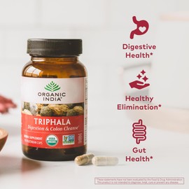 ORGANIC INDIA Triphala Herbal Supplement - Digestion & Colon Support, Immune System Support, Adaptogen, Nutrient Dense, Vegan, Gluten-Free, USDA Certified Organic, Non-GMO - 90 Capsules