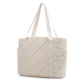SUPACOOL Tote Bag for Women, Lightweight Puffy Tote Bags with Zipper, Large Quilted Shoulder Bag for Shopping, Work, College(Beige)