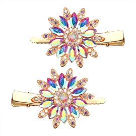 Crystal Hair Clips Large Sparkle Rhinestone Flower Design Alligator Metal Clip Non-Slip Floral Duckbill Hairpins Bling French Fancy Hair Barrettes for women Girls Hair Jewelry Accessories (AB Sliver22415)