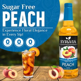Syruvia Sugar Free Peach Syrup With Syrup Pump Dispenser – Peach Syrup Flavor, 25.4 fl oz - Perfect for Cocktails, ice Tea, Desserts, Italian Sodas, Ice and More, Kosher and Gluten-Free