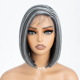 DÉBUT Lace Front Bob Wigs Ombre Highlight Silver Gray Side Part Simulated Scalp with Hand-Tied Lace Front Natural Hairline with Baby Hair Short Bob Highlight Black Grey Synthetic Wig for Women