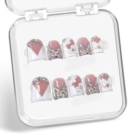 Handmade Press on Nails Rhinestone French Tip Fake Nails Muti-Layer Gel Short Duck False Nail with Luxury 3D White Flower Bow Design Full Cover Thicked Acrylic Nail Stick on Nail for Women (S)
