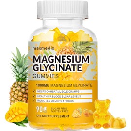 Magnesium Gummies 1000mg | Magnesium Glycinate & L-Threonate | Sugar-Free Magnesium Potassium Supplement for Calm Mood, Muscle, Bone & Sleep Support | 90 Mango Pineapple Gummies