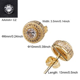 CZ Iced Out Men Screw Back Diamond Earring Studs, 24k Gold Plated Bling Party Jewelry