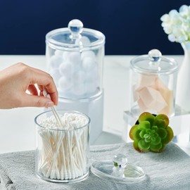 SheeChung 6 Pack Qtip Dispenser Apothecary Jars Bathroom with Labels - Qtip Holder Storage Canister Clear Plastic Acrylic Jar for Cotton Ball, Swab,Pads, Rounds,Floss Picks, Hair Clips (Clear)