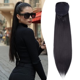 Benehair Yaki Straight Ponytail Hair Extension 22 Inch Drawstring Ponytail Clip In Extensions for Women Synthetic Ponytail Extension Black Hair Extension(Black, 100g)