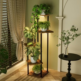 Bamworld Tall Plant Stand with Grow Light Corner Plant Stand for Indoor Plants 5 Tier Metal Wood Corner Shelf with Lights for Living Room Bedroom Patio Garden Balcony Decor