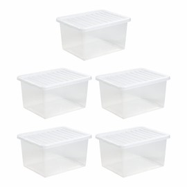 JMS we create smile [Set of 5 x 37 Litre Plastic Clear Crystal Storage Boxes & Lids for Home, Office & Garage Stackable Nestable Made in UK.