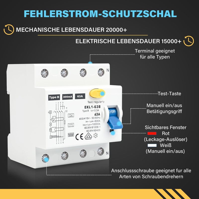 Warmfay FI Circuit Breaker Type B 63A 300mA 4-Pin VDE