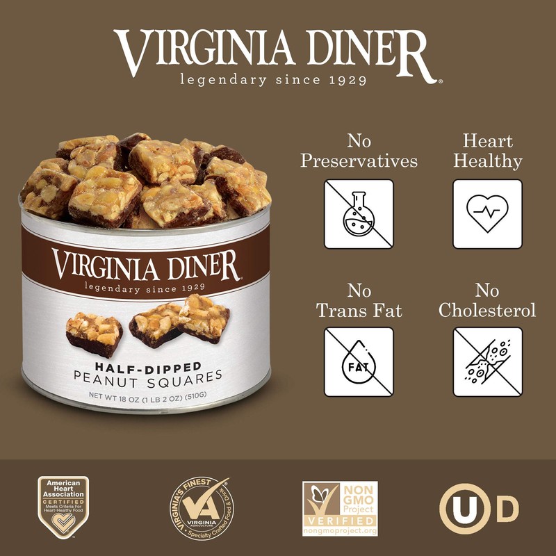 Virginia Diner Milk Chocolatey Half Dipped Peanut Squares, 16oz Tin