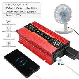 1200W Car Power Inverter DC 12V to 110V AC Converter 1200W Inverter Power Inverters with LCD Display and AC Outlets 2A USB Charging Port