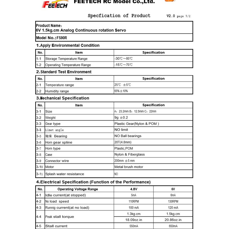 FEETECH FS90R (5 Pack) - 360 Degree Continuous Rotation Servo