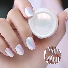GZMAYUEN 1 Box Mermaid Chrome Nail Powder Iridescent Aurora Chrome Pigment Powder for Nail Art, White Unicorn Pearl Nail Powder Mirror Effect Nail Art Decoration