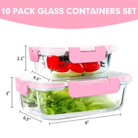 VERONES 10Pack Glass Meal Prep Containers, Airtight Glass Lunch Containers,Stackable Glass Food Storage Containers Set with Lids,Exclusive of BPA, for Microwave,Oven, Freezer&Dishwasher Friendly,Pink