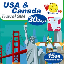 Happy USA and Canada 30 Days Unlimited Data Travel Sim Card (excludes Alaska & Guam) | 15GB of 4G LTE High-Speed Data Then 128kbps | Easy Activation | No Need Registration