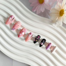 24 Pcs Easter Press on Nails Almond Shaped Fake Nails Cute Rabbit Flower Design Matte Acrylic Nails Easter Eggs False Nails Medium Length Stick on Nails Happy Easter Glue on Nails for Women