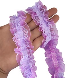 YOOGCORETT 3 Yards Purple 2 Layers Pleated Chiffon Elastic Lace Ruffle Trim Chiffon Ribbon Applique Sewing for Wedding Bridal Dress Clothes Decorations Sewing Supplies DIY Craft Handmade 1.5 Inch