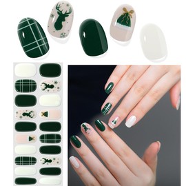 Christmas Semi Cured Gel Nail Strips, Snowflake Winter Gel Nail Stickers Long Lasting Cute Green Glitter Reindeer Santa Hat Holiday Semicured UV Nail Wraps UV Light Required for Women Girls(20Pcs)