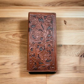 Urbalabs Mens Long Wallet Floral Cutout Layered Leather Brown Dark Brown Soft Leather Checkbook Style Cowboy Hand Crafted High End Mens Wallets Leather Gifts For Men, Brown, Western