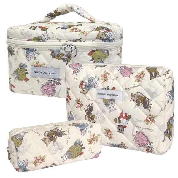 3 Piece Cute Cat Animal Print Cotton Quilted Makeup Bag