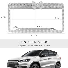 DXNQ 2 PCS Bling License Plate Frame, Handcrafted Rhinestone License Plate Frame with Ribbon Bow, Bling Stainless Steel License Plate Frame with Mounting Kit, Car Accessories (White+White)