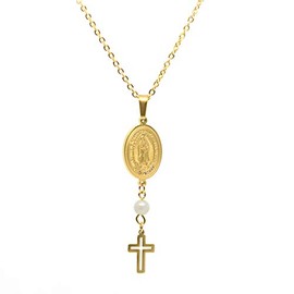 Catholic Town Our Lady of Guadalupe (Nuestra Señora de Guadalupe) Stainless Steel Pendant and cross with chain (SSPGWC20MCH-G)