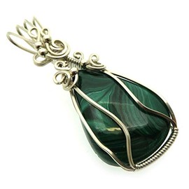 Malachite Gemstone Sterling Silver Wire Wrapped Pendant 03