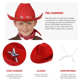 I LOVE FANCY DRESS Childs Red Studded Cowboy Hat - Red Cow Boy Hat With Silver Star Studs - Perfect for a Western Themed Party