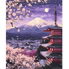 NEWENMO Mount Fuji und Tempel Malen Nach Zahlen Erwachsene Set,Kirschblüten Paint by Numbers Adult,Malen Nach Zahlen Kit,Einfaches DIY Handgemalt Ölgemälde,für Anfänger Home Dekoration 40x50cm