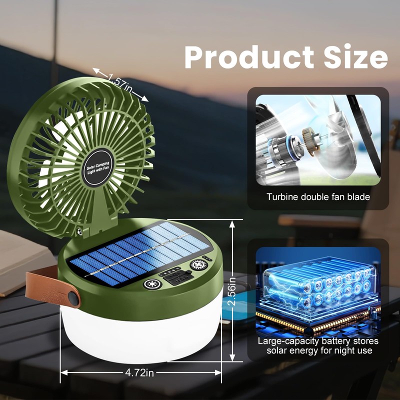 Solar Camping Fan Rechargeable Camping Light, Folding Portable Solar Outdoor