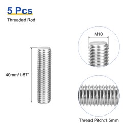 sourcing map 5Pcs M10 x 40mm Fully Threaded Rod 304 Stainless Steel Right Hand Threads Bar Studs for Anchors Bolts, Clamps, Hangers and U-Bolts, M10-1.5 Thread Pitch
