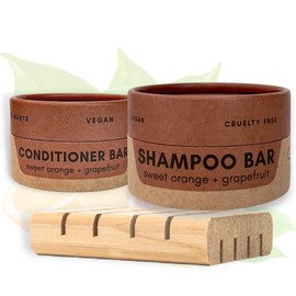Zero Waste MVMT Shampoo & Conditioner Bar Set | Sweet Orange + Grapefruit | With Travel Container and Cedar Tray | Natural Salon Quality Shampoo, Zero Waste & Plastic Free
