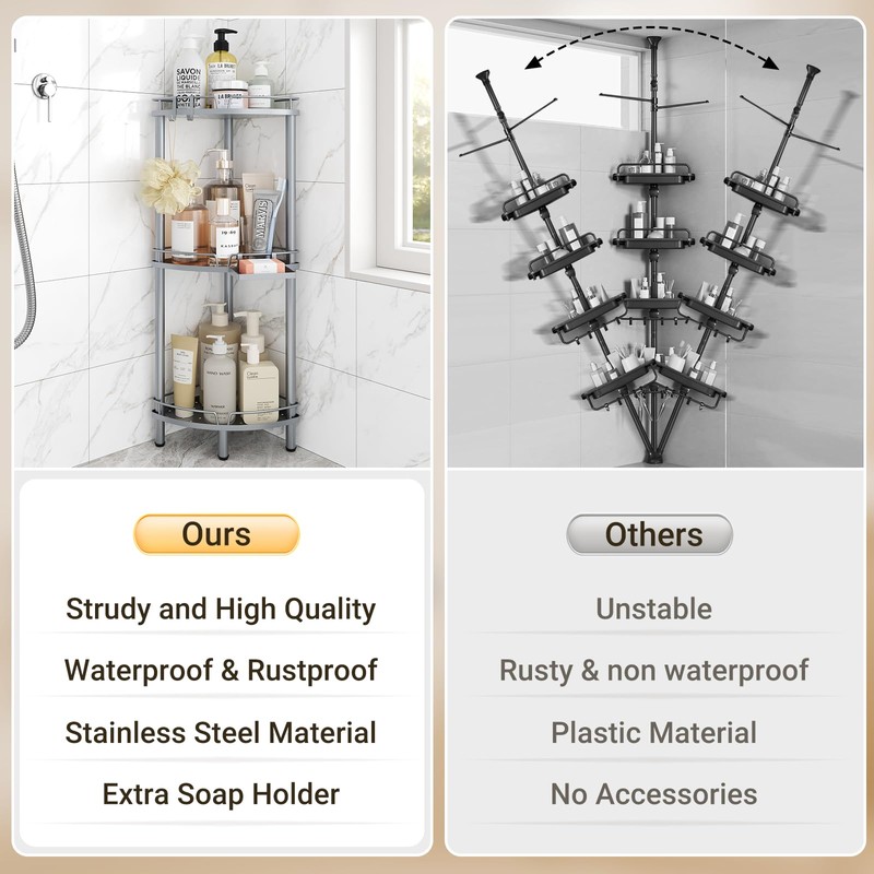ELYKEN Corner Shower Caddy Standing, 3 Tier Rustproof Metal Shower