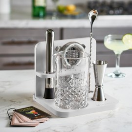 Crystal Cocktail Mixing Glass Set with Bamboo Stand - 22 Oz 650ml - Thick and Sturdy Bottom, Durable and Seamless Design with Bar Accessories