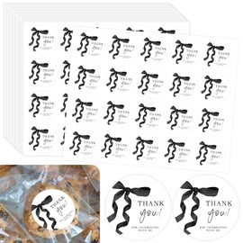 Whaline 100Pcs Bow Party Thank You Stickers 2 Inch Coquette Black Ribbon Bowknot Adhesive Seal Stickers Elegant Round Label Decals for Birthday Baby Bridal Shower Anniversary Bachelorette Party