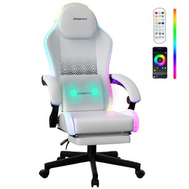 Dowinx Gaming Chair, LED Game Chair with Massage Lumbar Support and Footrest - Ergonomic Computer Chair with Adjustable Height for Adults and Teens, White