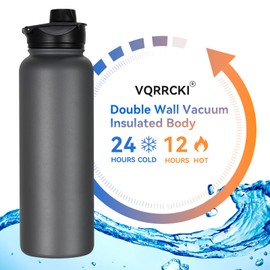 VQRRCKI 40 oz Insulated Water Bottle with Straw, Stainless Steel Sports Water Bottles with 2 Lids (Straw and Wide Mouth lid), Double Wall Vacuum, Leakproof, BPA-Free, Gray