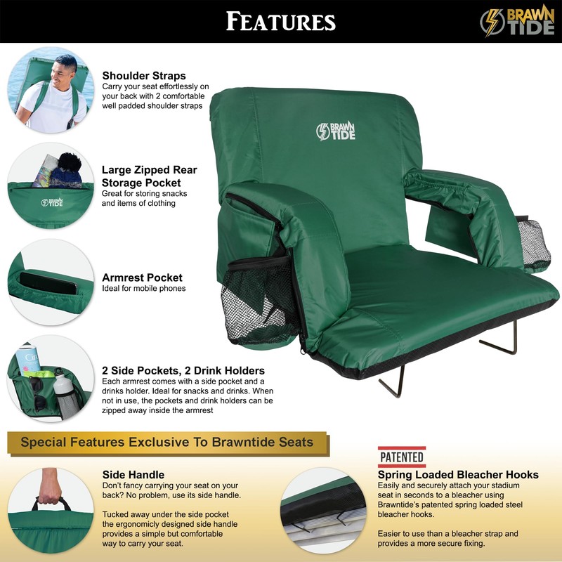 BRAWNTIDE Stadium Chair with Back Support - Comfy Cushion, Thick